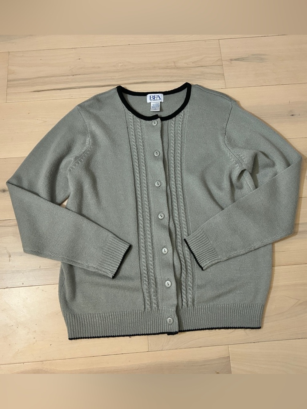 BFA Classics Cardigan Sweater Size L Gray with black Trim Grandpa